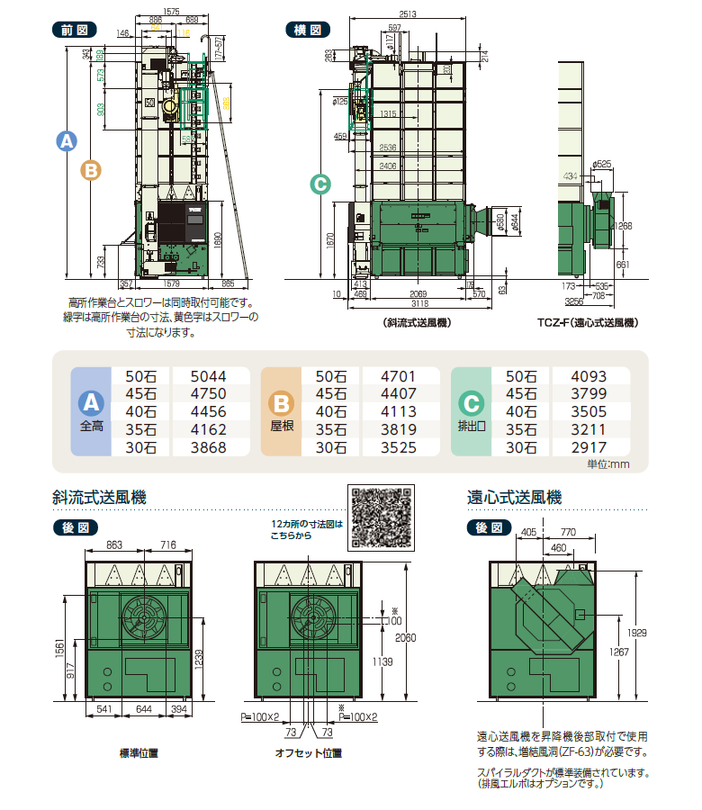 寸法 | TCZ-ELAシリーズ（30～50石） | 穀物乾燥機［遠赤］ | 穀物乾燥